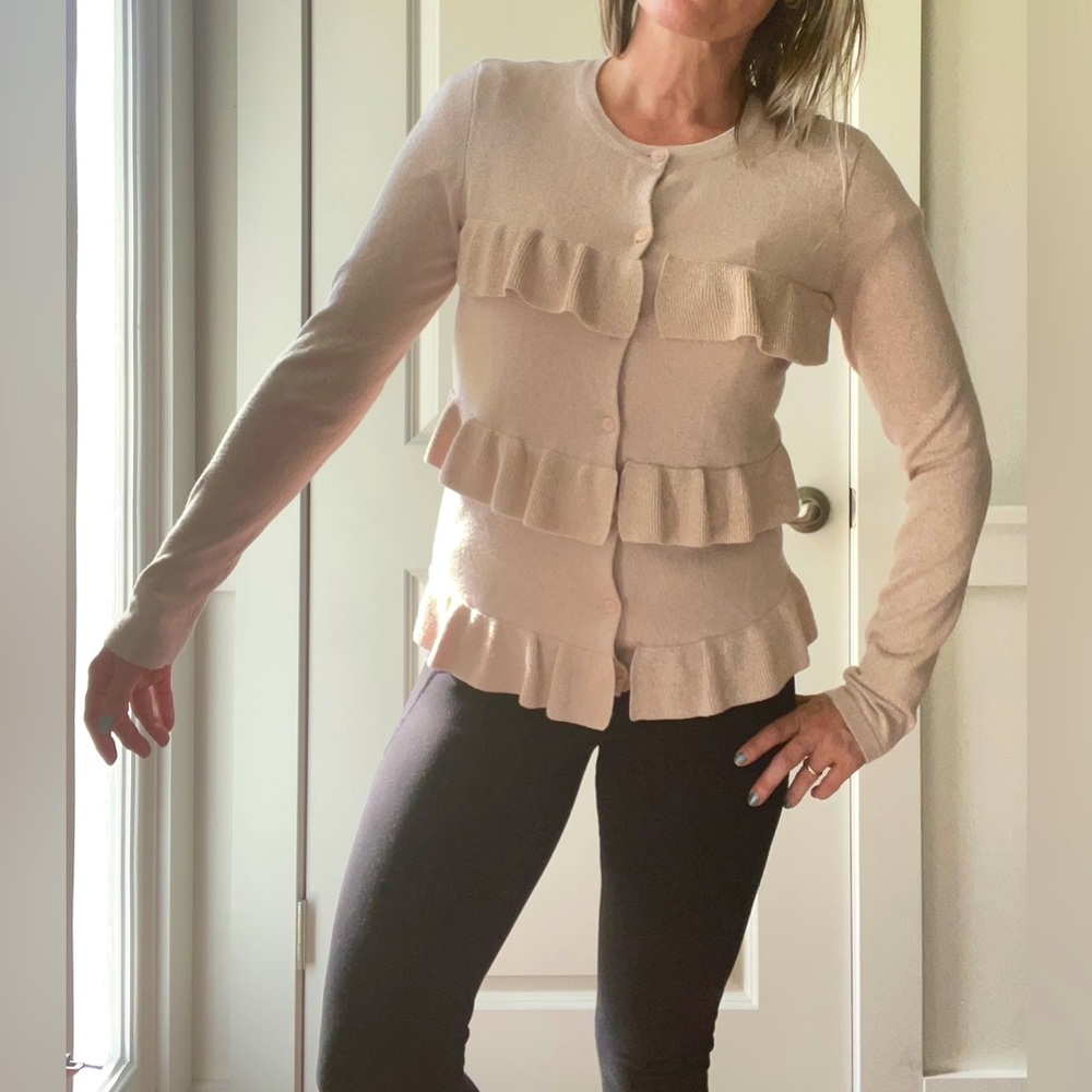 Ann Taylor Long Sleeve Buttondown Sweater|Soft Glitter Pink|Ruffles|Size S